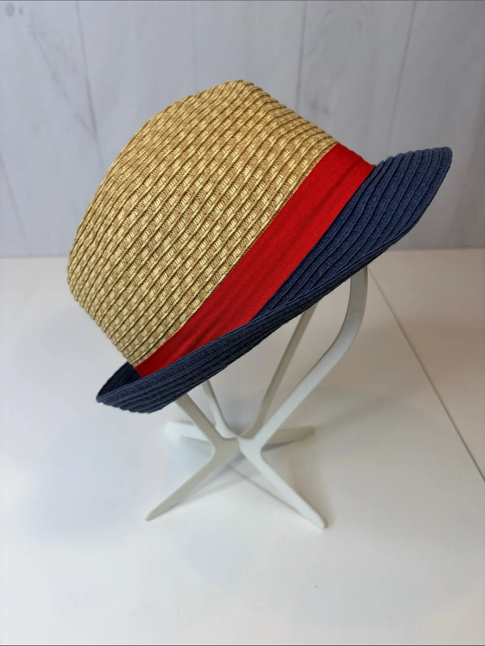 Kids Straw Bucket Hat with Red Band and Navy Brim One Size Fits Most
